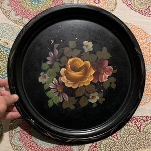 Antique Hand Painted Floral Tole Tin Serving Tray 13”